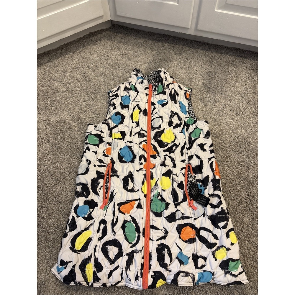 UbU Women L Tunic Puffy Vest Multicolor Art Wear Abstract Print Zip Front Revers